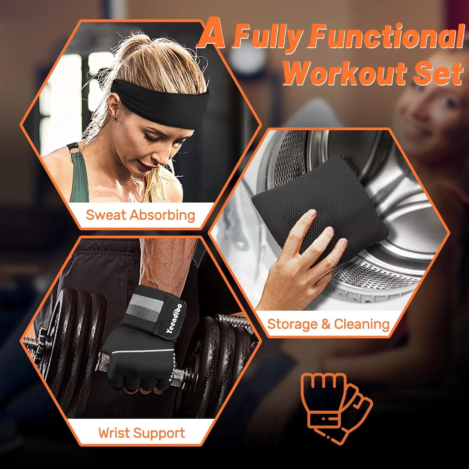 5-in-1 Workout Gloves for Men & Women, with Excellent Grip, Full Protection Exercise Weight Lifting Gym Gloves, Detachable Wrist Strap & Mesh Bag