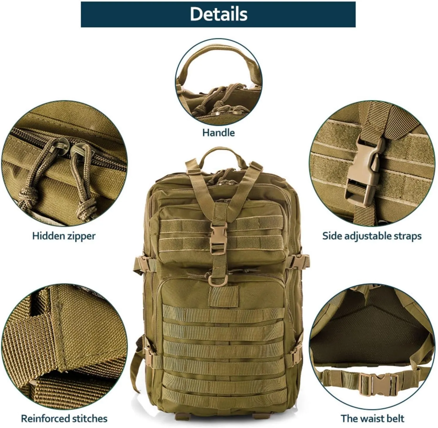 50L Sturdy Nylon Waterproof Fishing Hunting Backpack Outdoor Military Rucksacks Tactical Sports Camping Hiking Bags (Khaki)