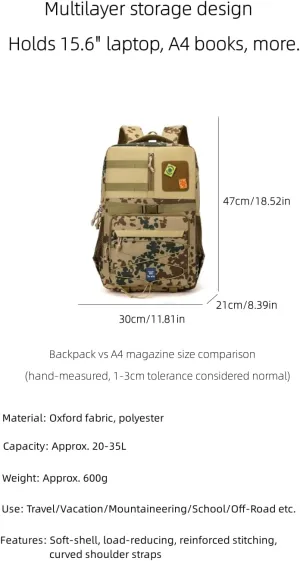 600g Lightweight Tactical Backpack for Outdoor Hiking & Business Travel, 30x21x47cm Large Capacity Daypack with Ventilated Compartments & Shock Absorption (‌Forest Camouflage)