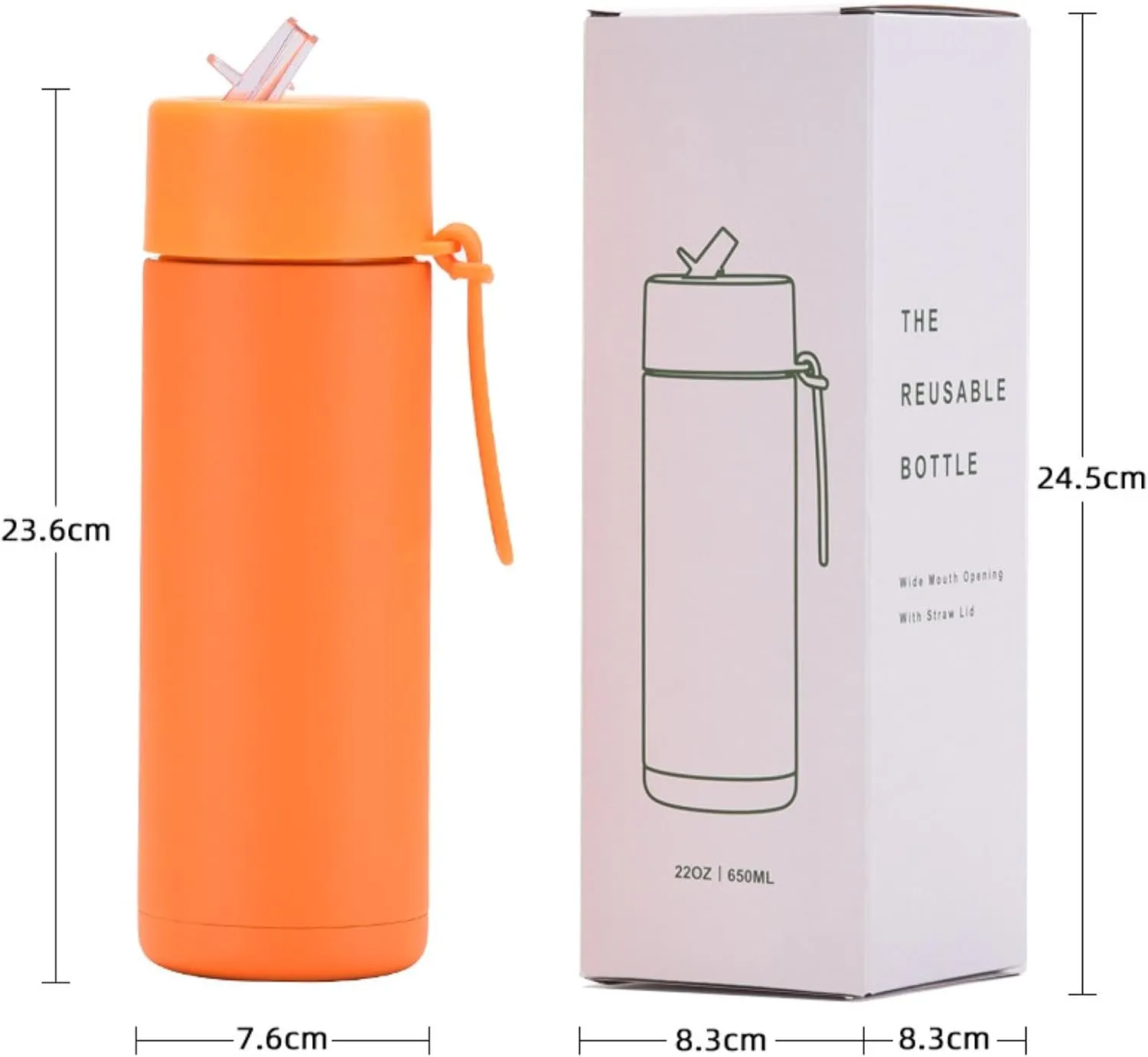 650ml/22oz Portable Silicone Handle Sports Kettle American Large Mouth Stainless Steel Insulated Cup-Cinnabar orange
