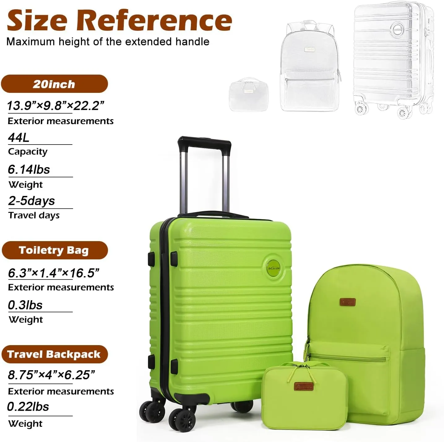 ABS PC Carry on Luggage set with backpack 3 Pcs suitcace with Spinner wheels TSA Lock 20-In hardshell Lightweight Luggage set (Lime)