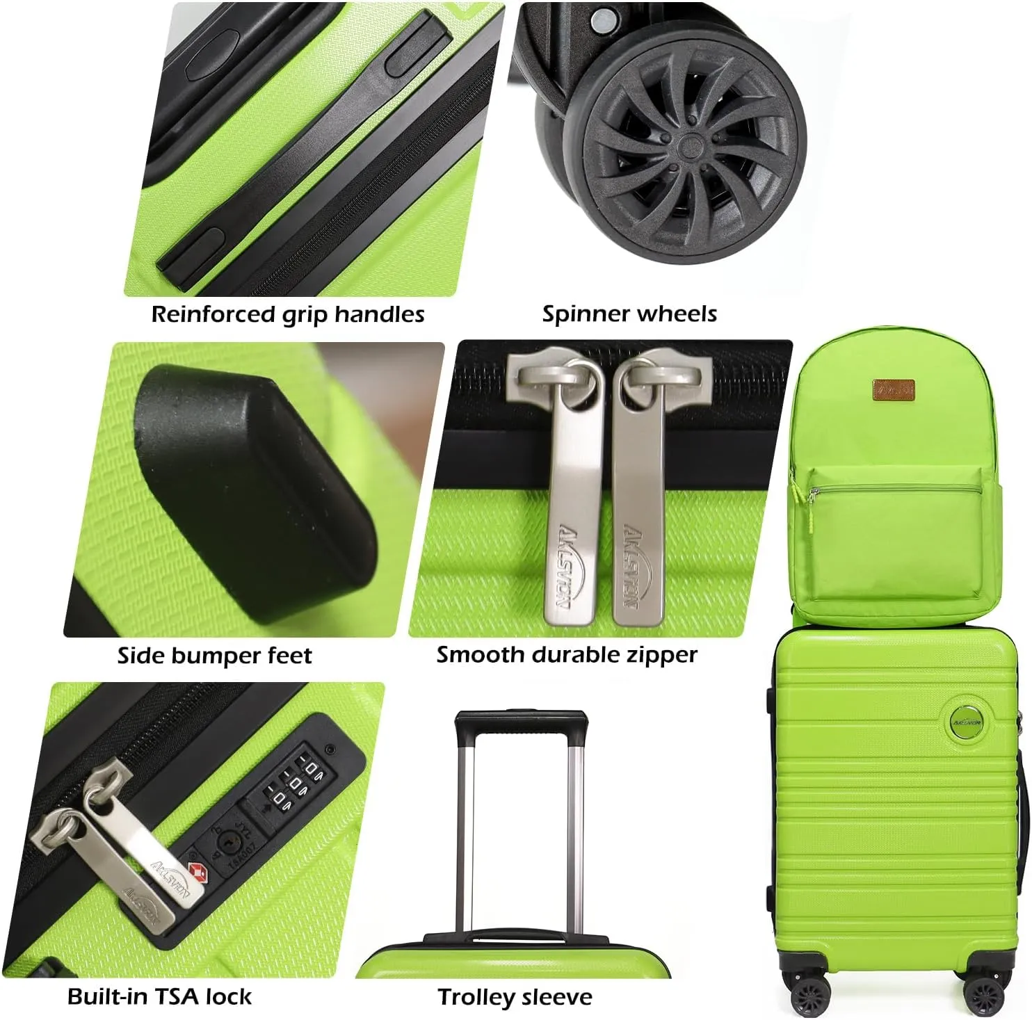 ABS PC Carry on Luggage set with backpack 3 Pcs suitcace with Spinner wheels TSA Lock 20-In hardshell Lightweight Luggage set (Lime)