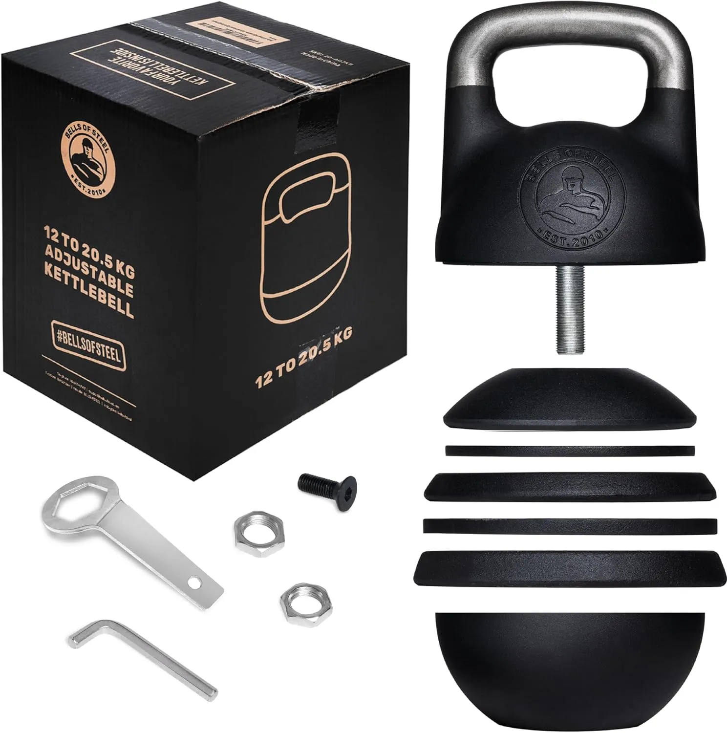 Adjustable Kettlebell Set [Bells of Steel] Kettle Bell Weight Set | Steel Shell, Internally-Loaded for Full Body Workouts | Competition Standard 35mm Handle, 12-20.5kg