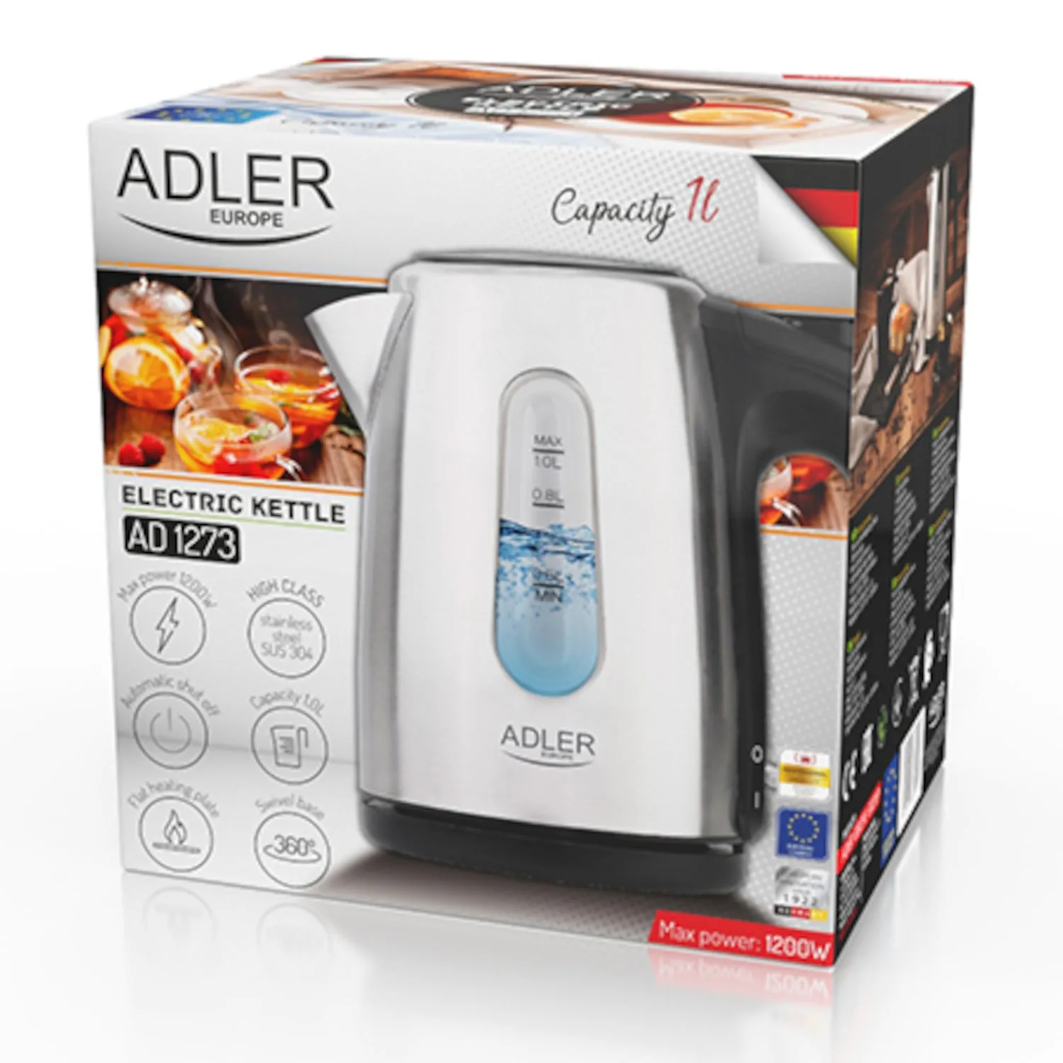 Adler AD1273 Electric Kettle 1L 1200W Stainless Steel Indicator Light Swivel Base Auto Shut-Off (EU PLUG)