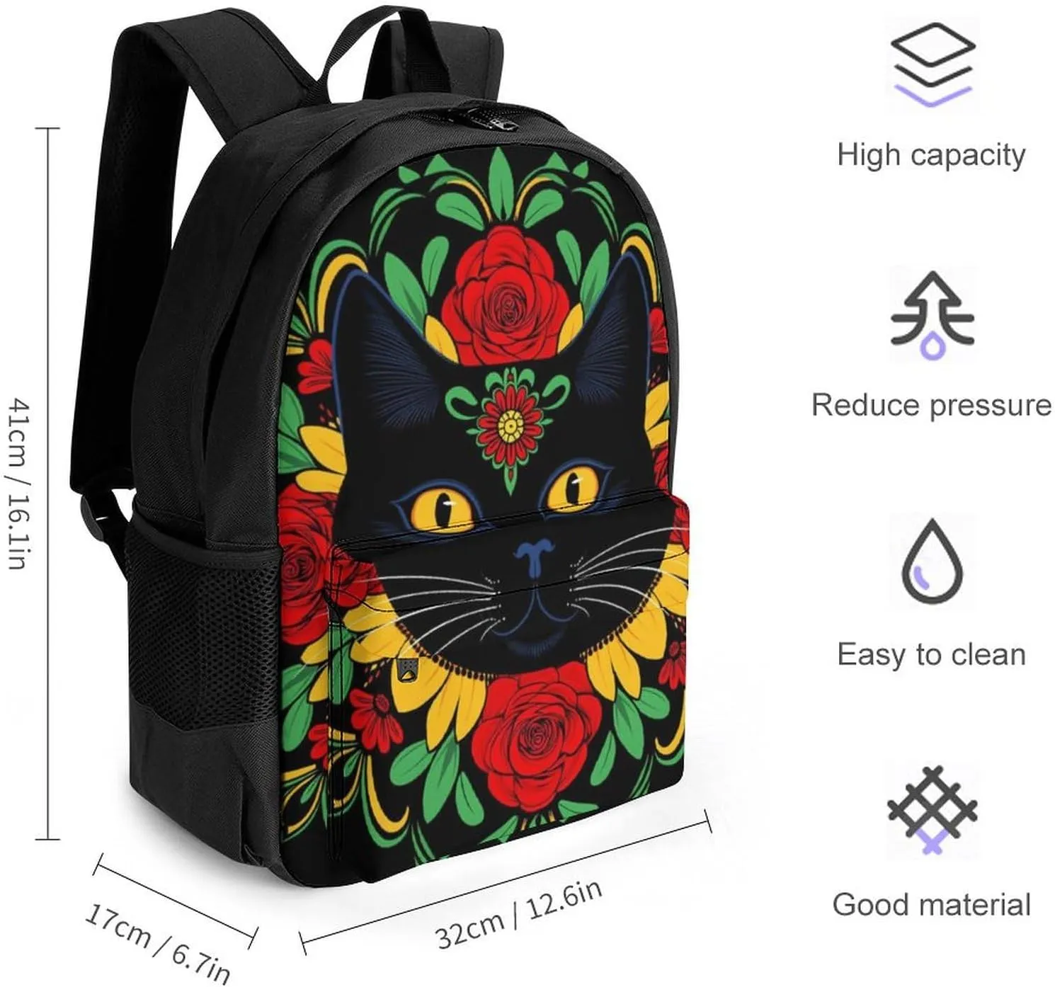 Adults Lightweight Day Of The Dead Black Cat Red Floral Art Shoulder Book Bags Big Capacity Shoulder Bag With Adjustable Shoulder Straps for Trekking Work Walking Cycling