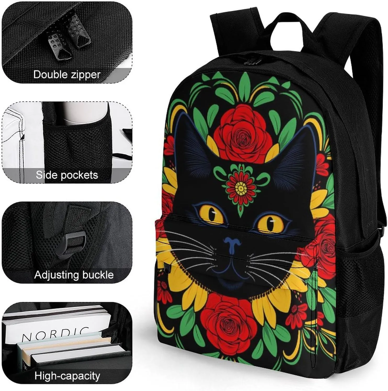 Adults Lightweight Day Of The Dead Black Cat Red Floral Art Shoulder Book Bags Big Capacity Shoulder Bag With Adjustable Shoulder Straps for Trekking Work Walking Cycling