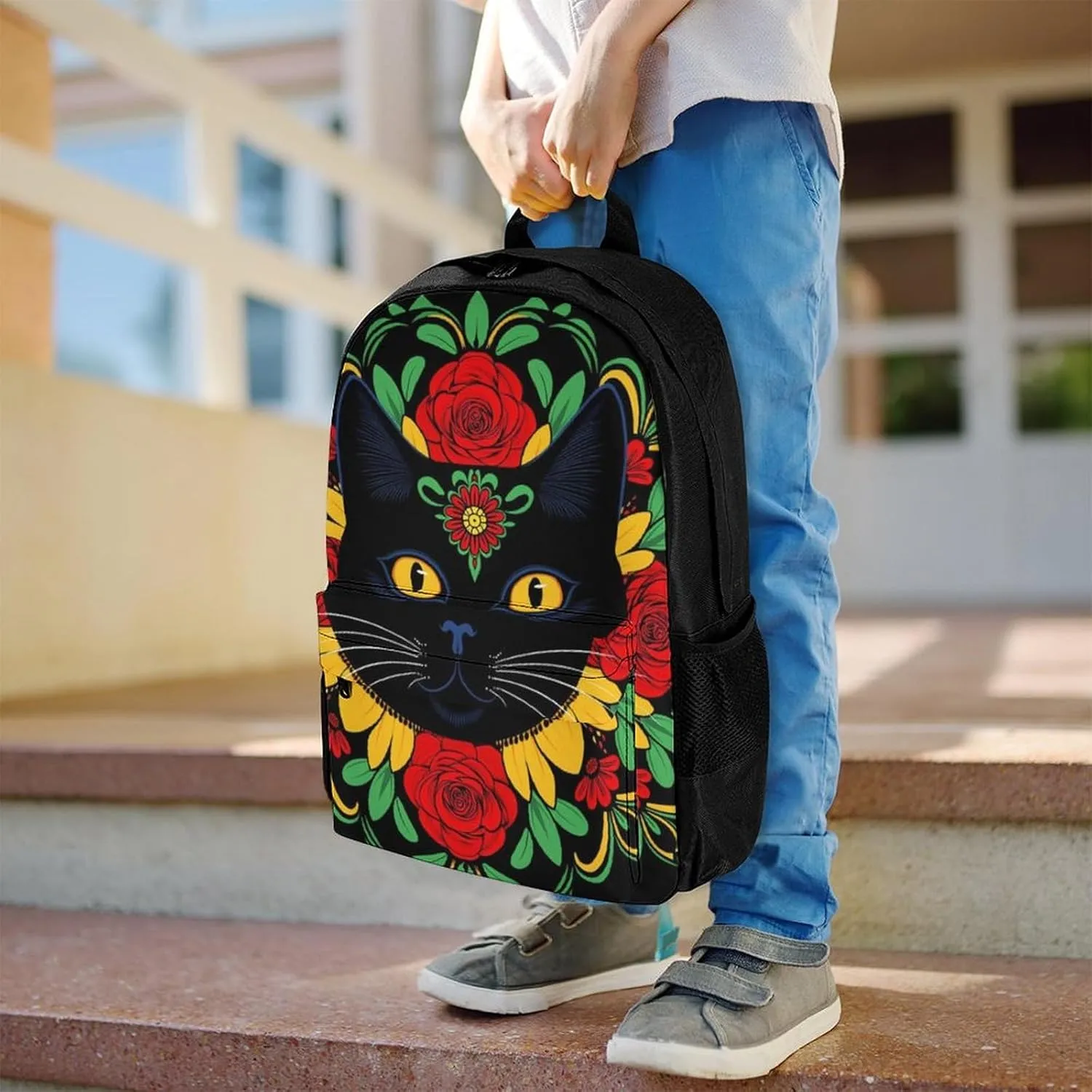 Adults Lightweight Day Of The Dead Black Cat Red Floral Art Shoulder Book Bags Big Capacity Shoulder Bag With Adjustable Shoulder Straps for Trekking Work Walking Cycling