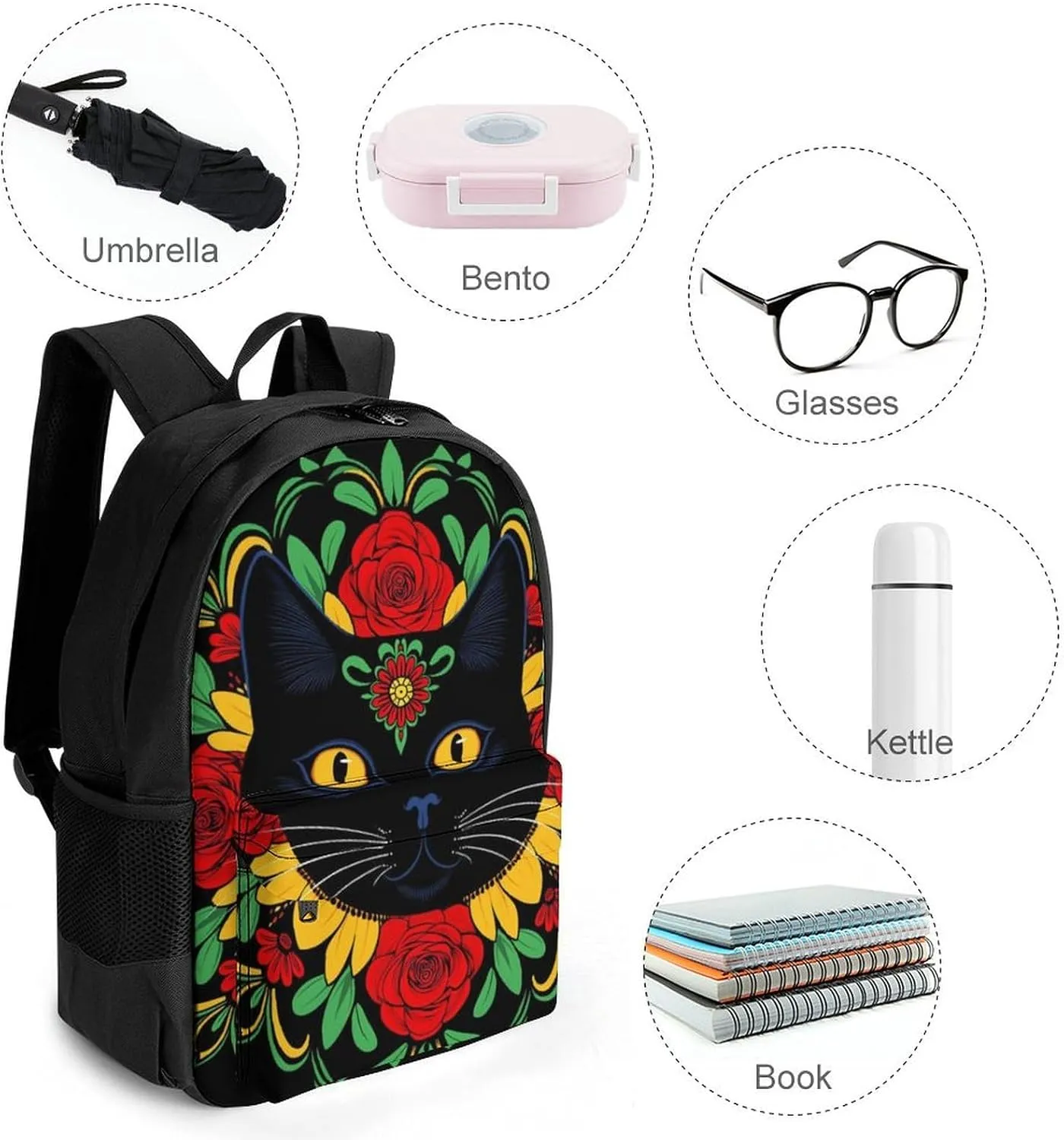 Adults Lightweight Day Of The Dead Black Cat Red Floral Art Shoulder Book Bags Big Capacity Shoulder Bag With Adjustable Shoulder Straps for Trekking Work Walking Cycling