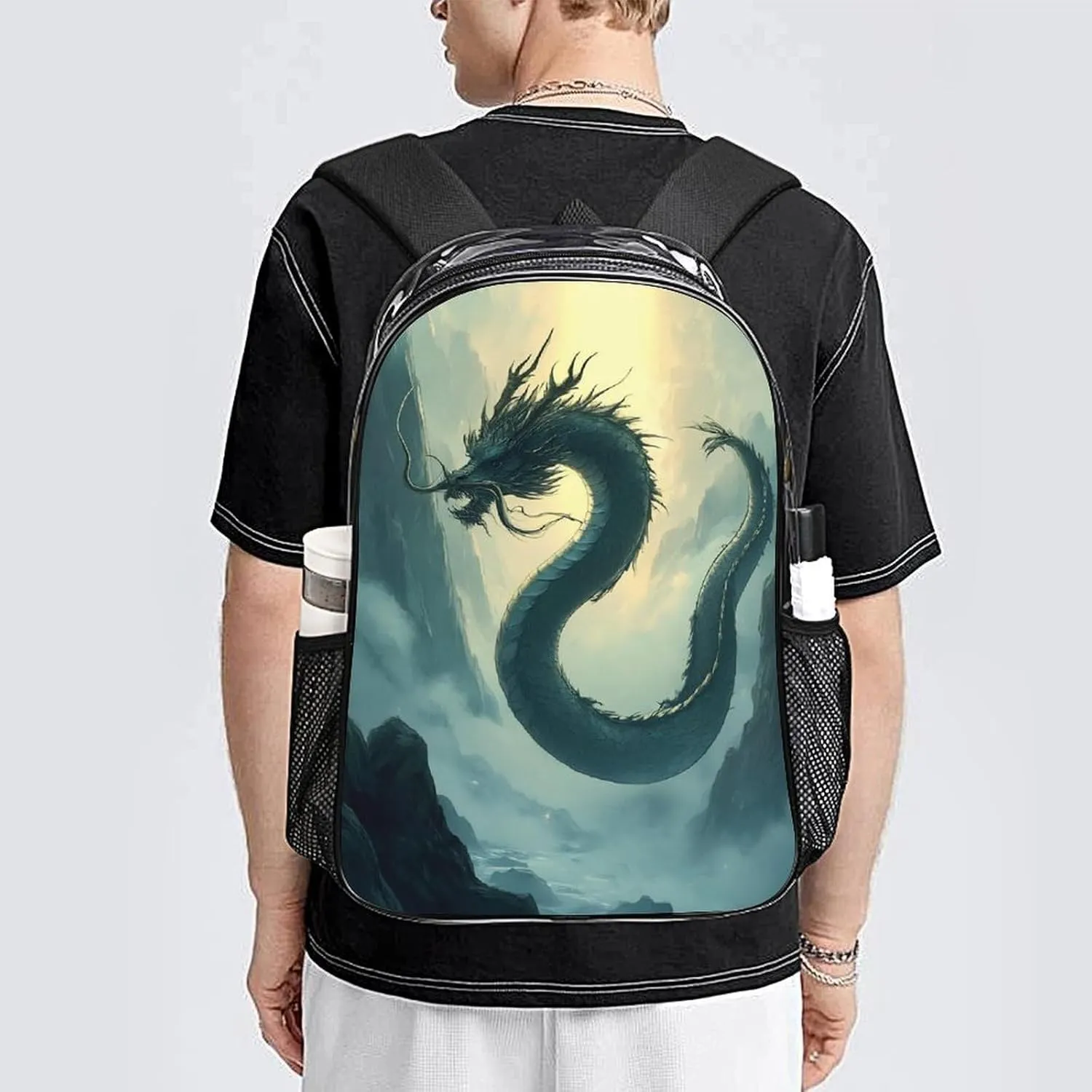 Adults Lightweight Fantasy Dragon Art Shoulder Book Bags Big Capacity Shoulder Bag Transparent Bag for Trekking Work Walking Cycling