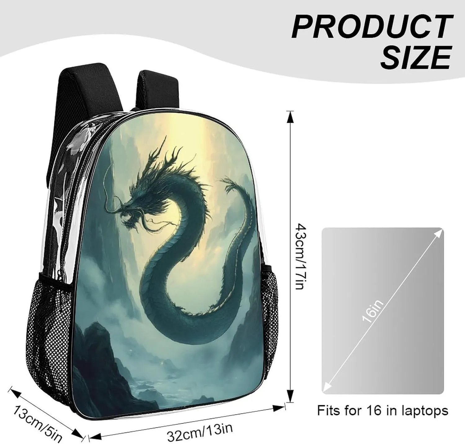 Adults Lightweight Fantasy Dragon Art Shoulder Book Bags Big Capacity Shoulder Bag Transparent Bag for Trekking Work Walking Cycling
