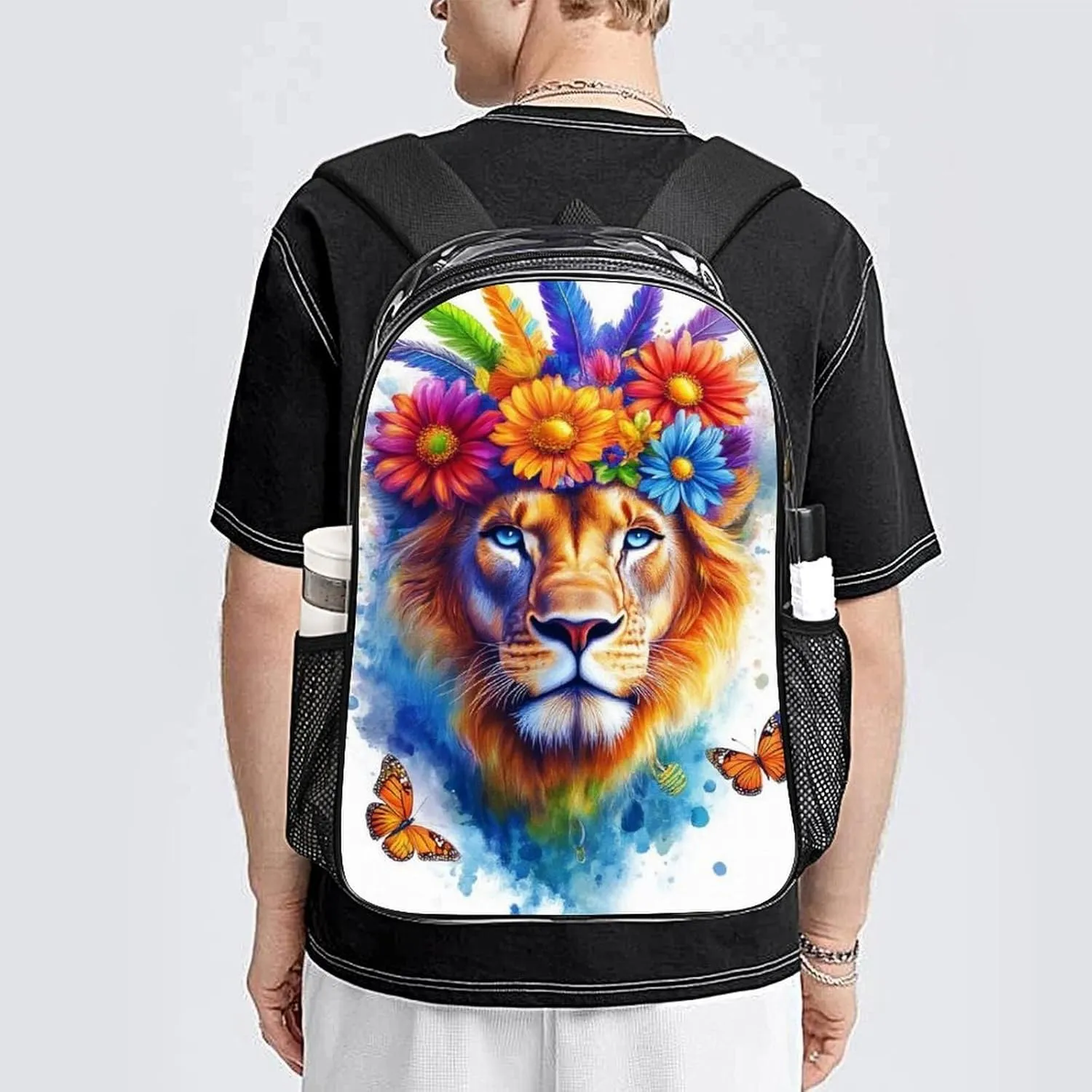 Adults Lightweight Flowers Floral White Colorful Lion Rucksacks Large Capacity Bookbag Transparent Bag for Trekking Outdoors Bicycle
