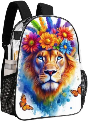 Adults Lightweight Flowers Floral White Colorful Lion Rucksacks Large Capacity Bookbag Transparent Bag for Trekking Outdoors Bicycle