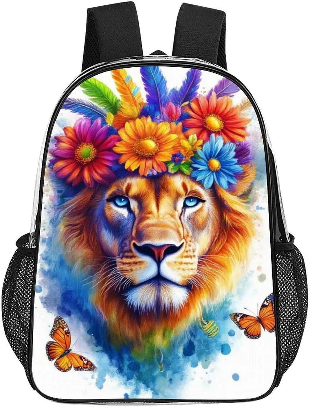 Adults Lightweight Flowers Floral White Colorful Lion Rucksacks Large Capacity Bookbag Transparent Bag for Trekking Outdoors Bicycle