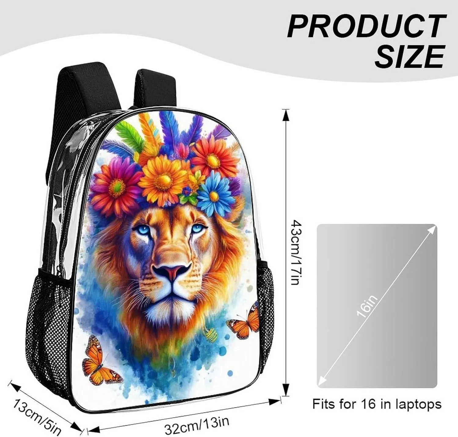 Adults Lightweight Flowers Floral White Colorful Lion Rucksacks Large Capacity Bookbag Transparent Bag for Trekking Outdoors Bicycle