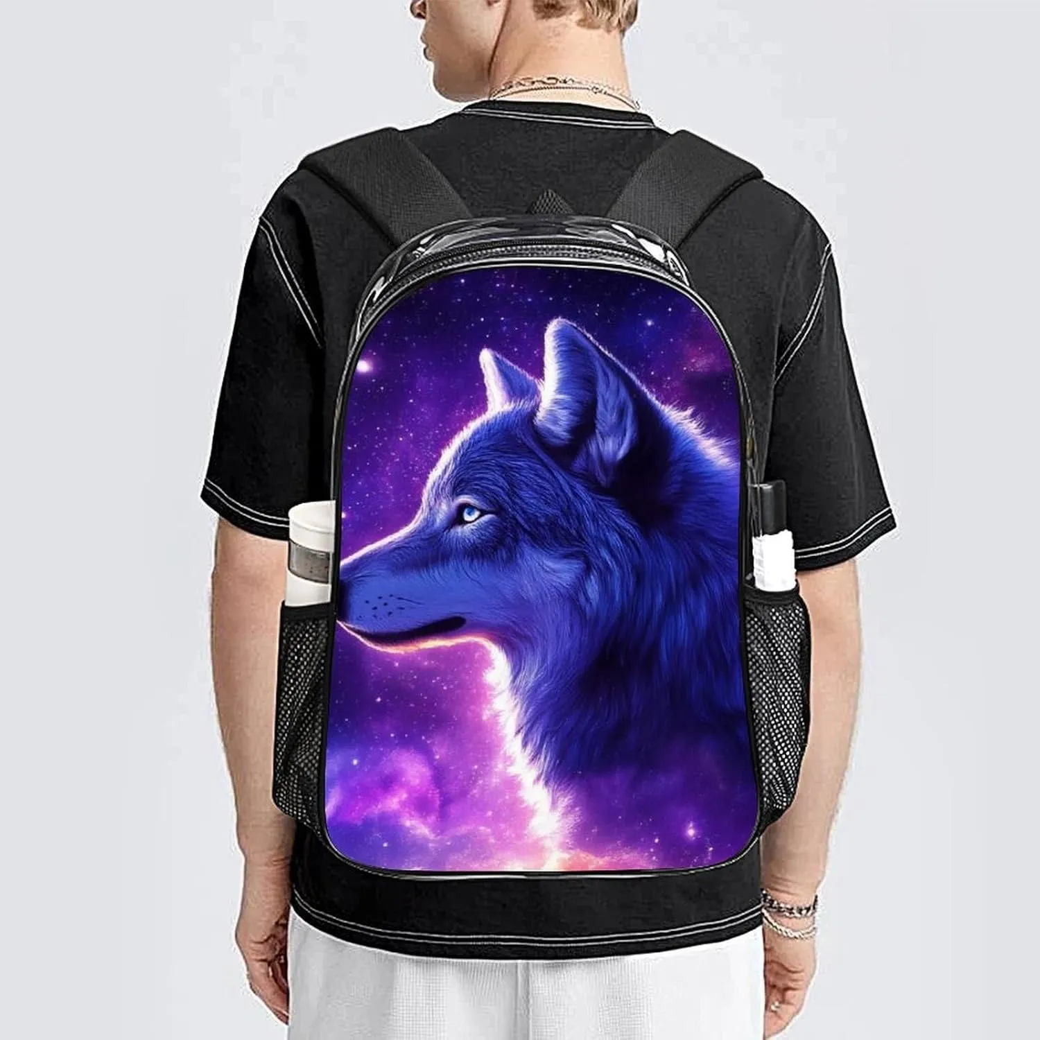 Adults Lightweight Purple Universe Galaxy Space Magic Wolf Art Rucksacks Large Capacity Bookbag Transparent Bag for Trekking Outdoors Bicycle