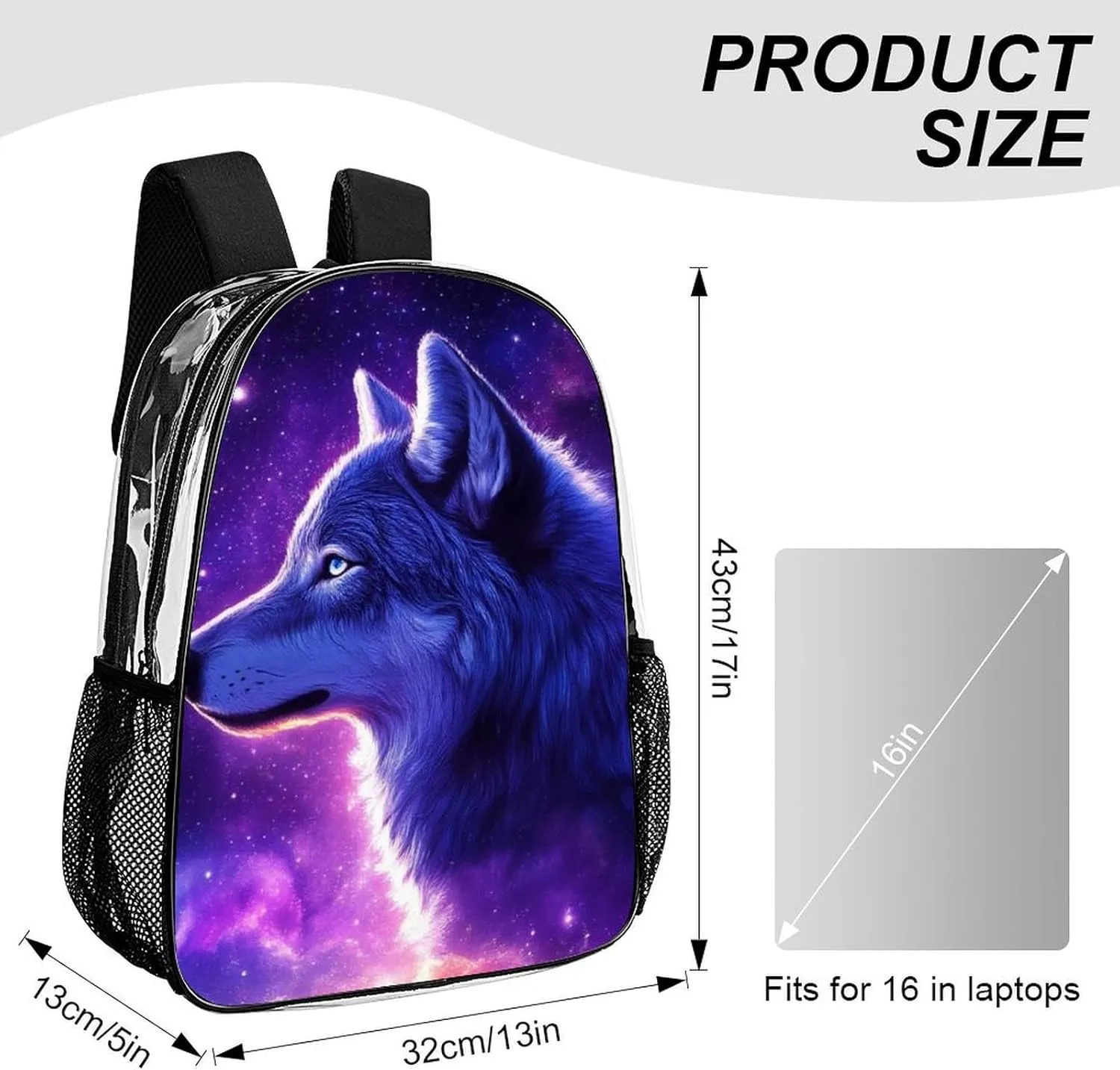 Adults Lightweight Purple Universe Galaxy Space Magic Wolf Art Rucksacks Large Capacity Bookbag Transparent Bag for Trekking Outdoors Bicycle