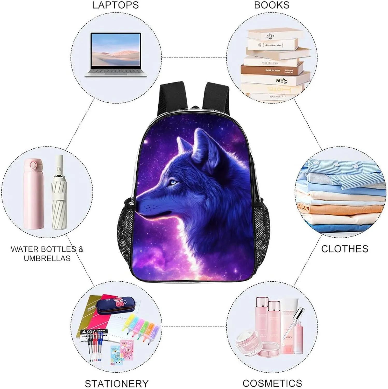 Adults Lightweight Purple Universe Galaxy Space Magic Wolf Art Rucksacks Large Capacity Bookbag Transparent Bag for Trekking Outdoors Bicycle