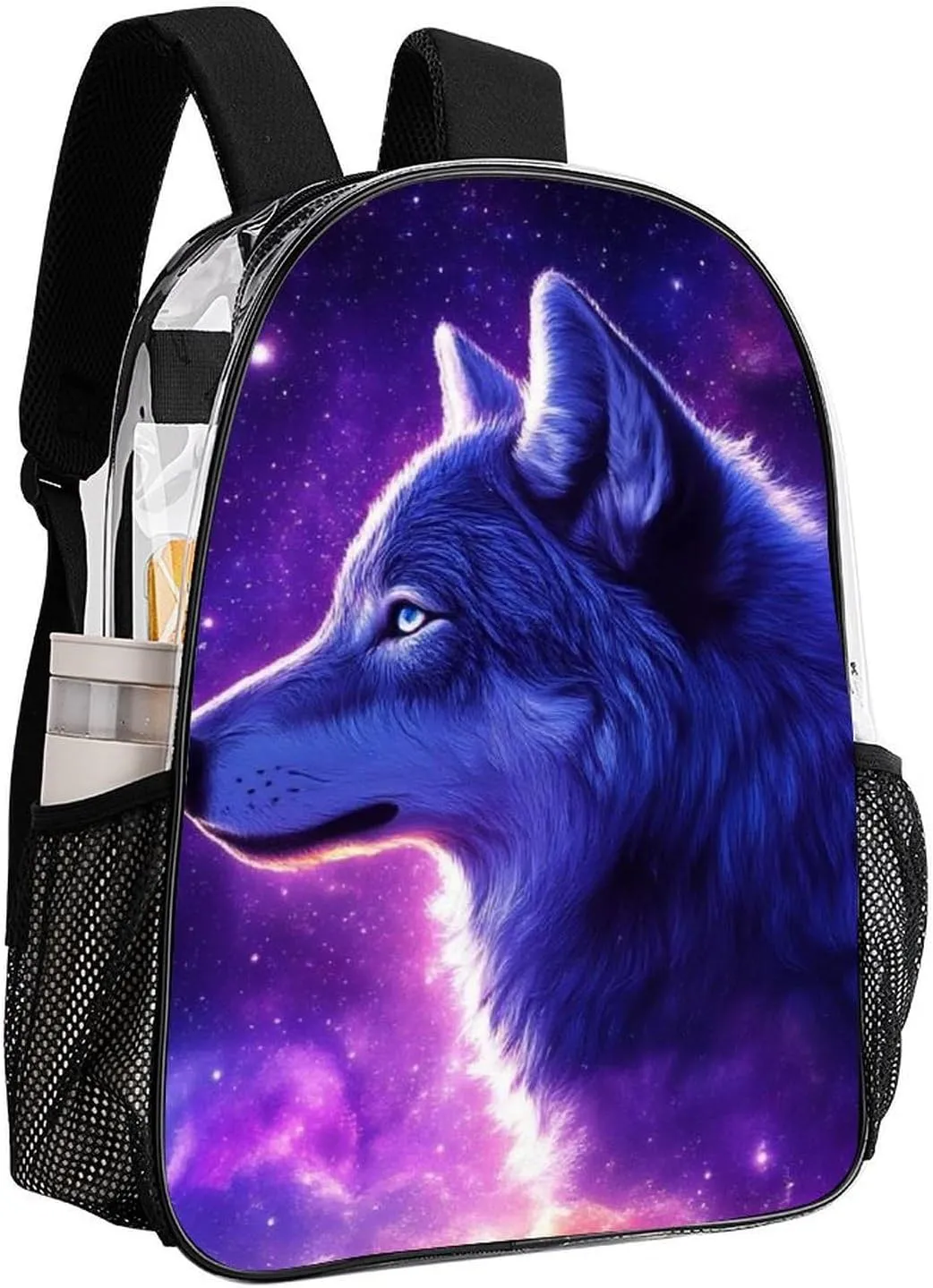 Adults Lightweight Purple Universe Galaxy Space Magic Wolf Art Rucksacks Large Capacity Bookbag Transparent Bag for Trekking Outdoors Bicycle
