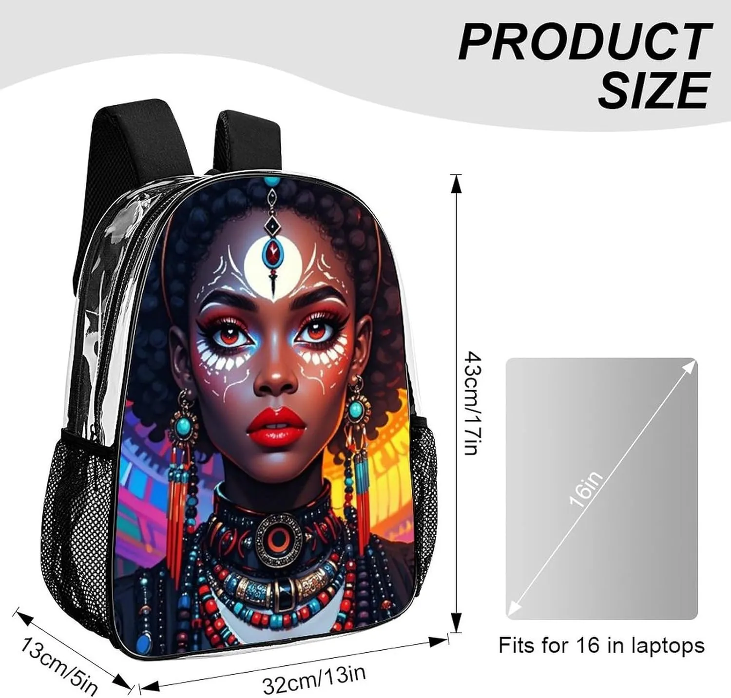 Adults Lightweight Trippy Stylish Afro American Woman Cartoon Women Art Rucksacks Large Capacity Bookbag Transparent Bag for Trekking Outdoors Bicycle