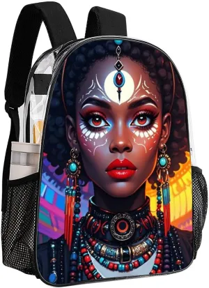 Adults Lightweight Trippy Stylish Afro American Woman Cartoon Women Art Rucksacks Large Capacity Bookbag Transparent Bag for Trekking Outdoors Bicycle