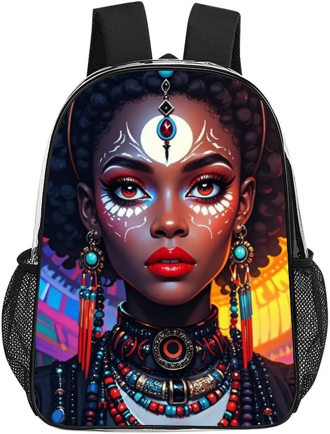 Adults Lightweight Trippy Stylish Afro American Woman Cartoon Women Art Rucksacks Large Capacity Bookbag Transparent Bag for Trekking Outdoors Bicycle