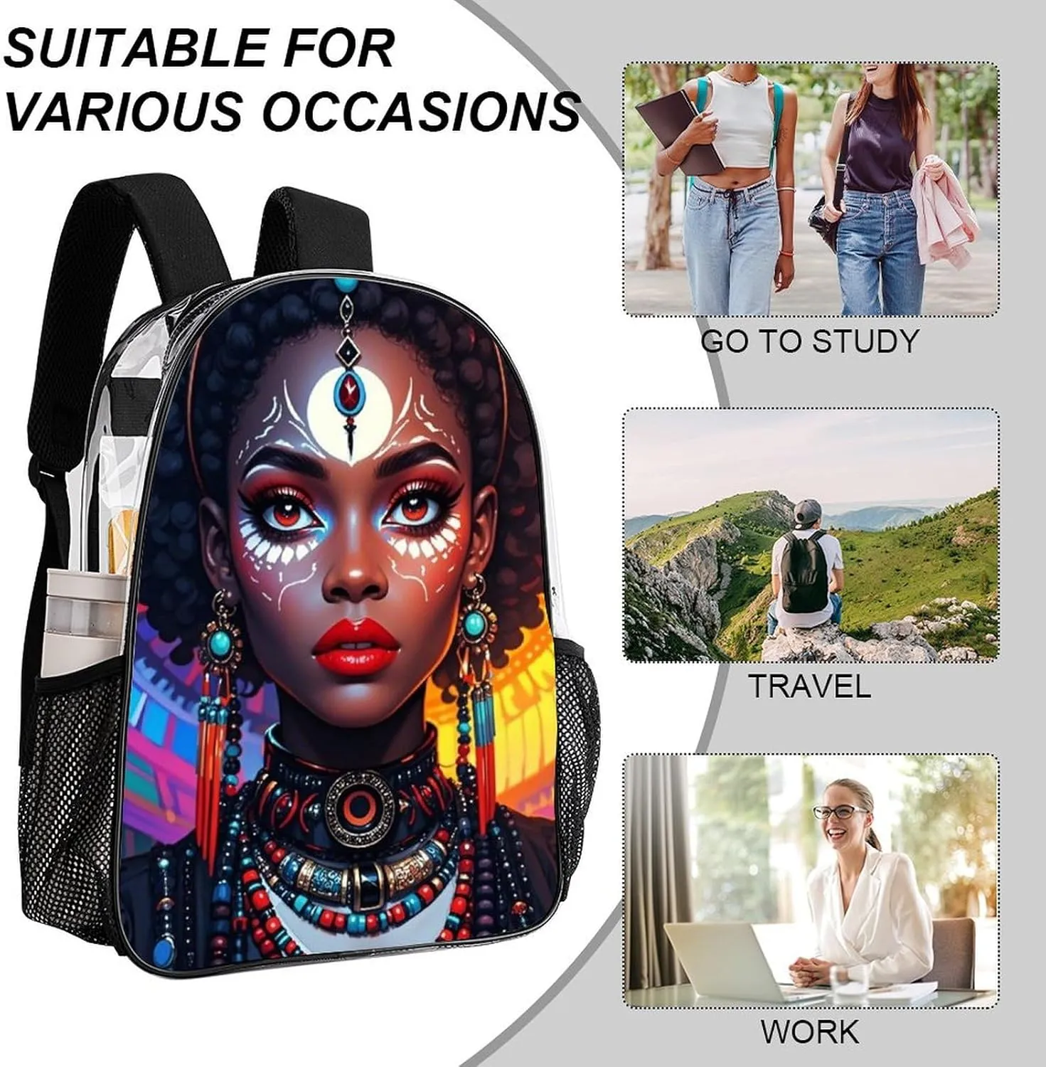 Adults Lightweight Trippy Stylish Afro American Woman Cartoon Women Art Rucksacks Large Capacity Bookbag Transparent Bag for Trekking Outdoors Bicycle