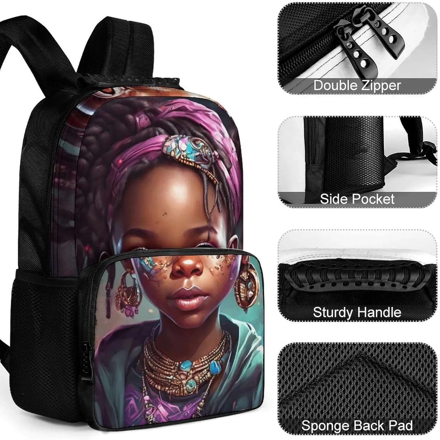 Afro Women African American Black Woman Art Rucksacks Lightweight Multipurpose Anti-Theft Shoulder Bag Big Capacity Traveling & Camping Backpack With Side Pockets