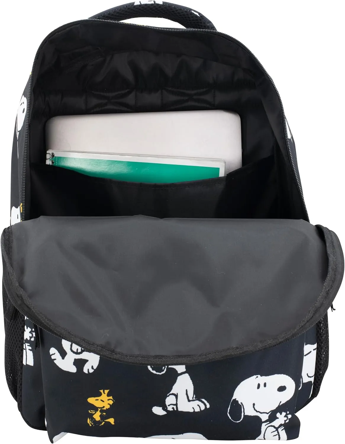 AI ACCESSORY INNOVATIONS Peanuts 16” Backpack With Front Pocket for Girls & Boys, Allover Print Bookbag Featuring Snoopy & Woodstock, Black
