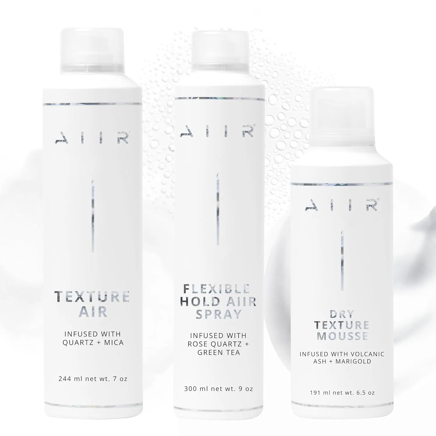 AIIR Styling Bundle, Texture Spray, Flexible Hold Hairspray, & Dry Texture Mousse, Volume & Light Hold For Thin Fine Hair, Soft Texture & Volume, Crystal Infused for Stronger, Healthier & Shinier Hair
