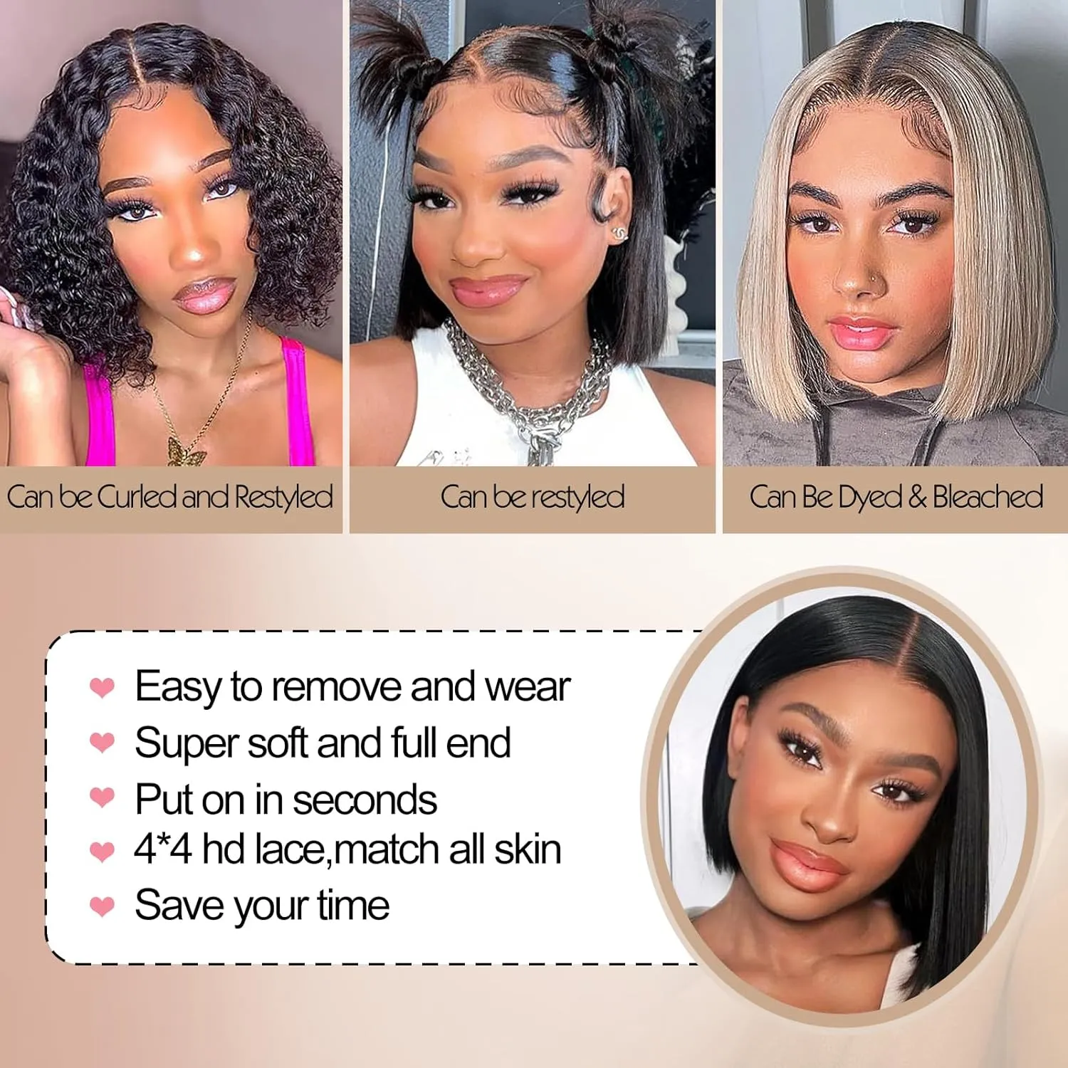AISI Glueless Bob Wig Human Hair Pre Plucked Short Straight Bob Wigs for Black Women Pre Cut 4x4 Lace Closure HD Transparent Glueless Lace Front Wigs Human Hair 180% Density 12 Inch