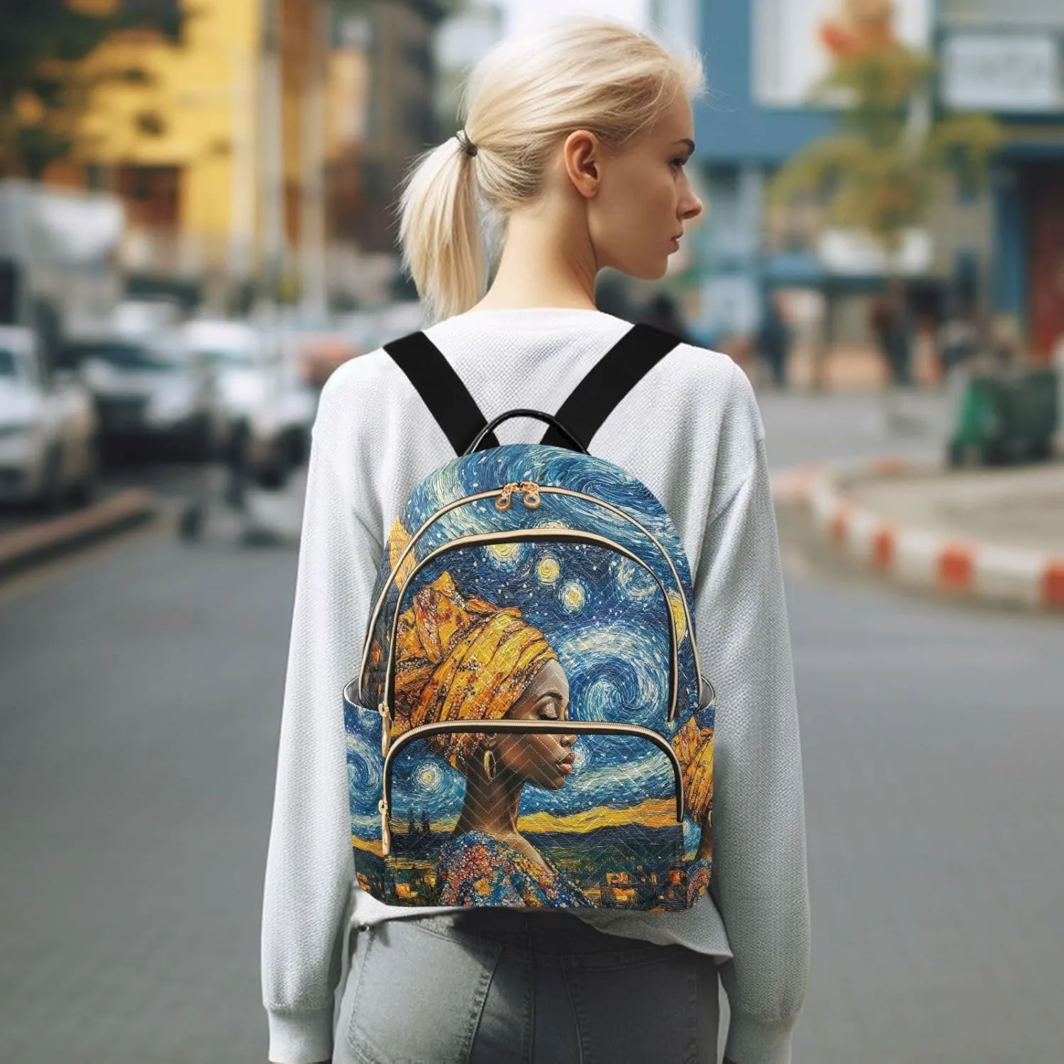 ALAZA Black Girl Starry Night Small Backpack Purse for Women Travel Bag Lightweight Shoulder Bag Fashion Daypack