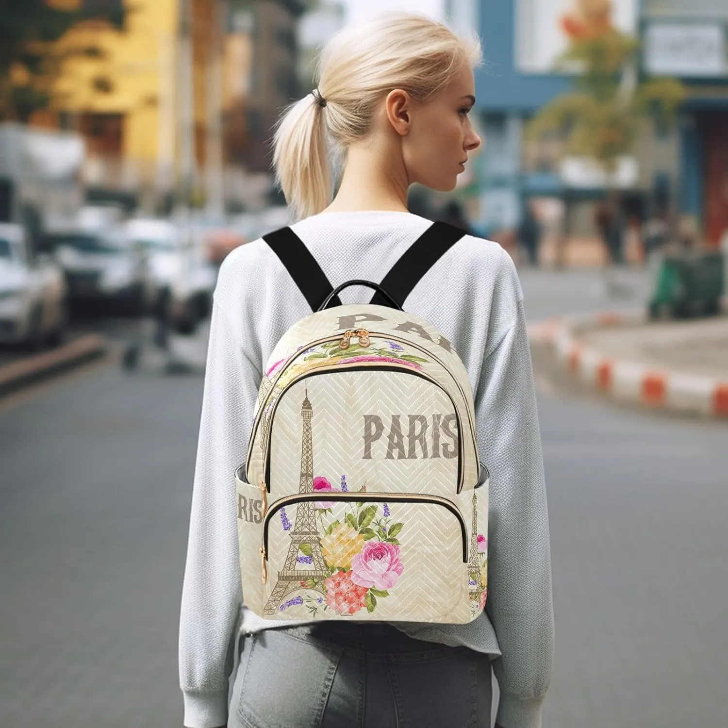 ALAZA Eiffel Tower Paris Blossom Women Backpack Purse Ladies Fashion Shoulder Bag Daypack Travel Bag 7.5L