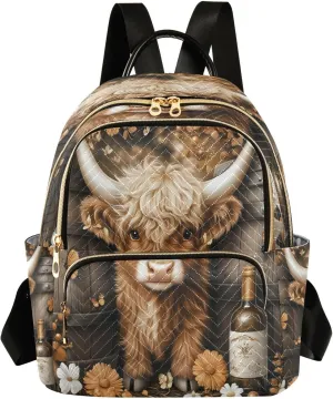 ALAZA Wine Cellar Highland Cattle Small Backpack Purse for Women Travel Bag Lightweight Shoulder Bag Fashion Daypack