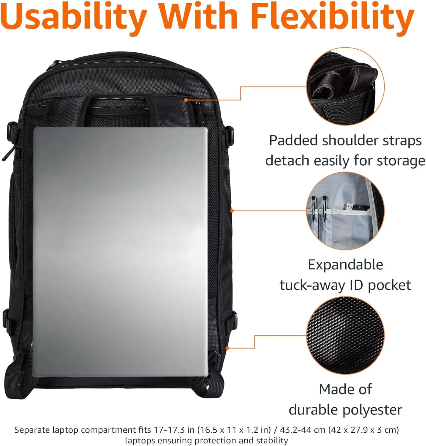 Amazon Basics Travel Backpack Carry On Flight Approved, Lightweight, Expandable, Dual Use as Backpack or Shoulder Bag, Black