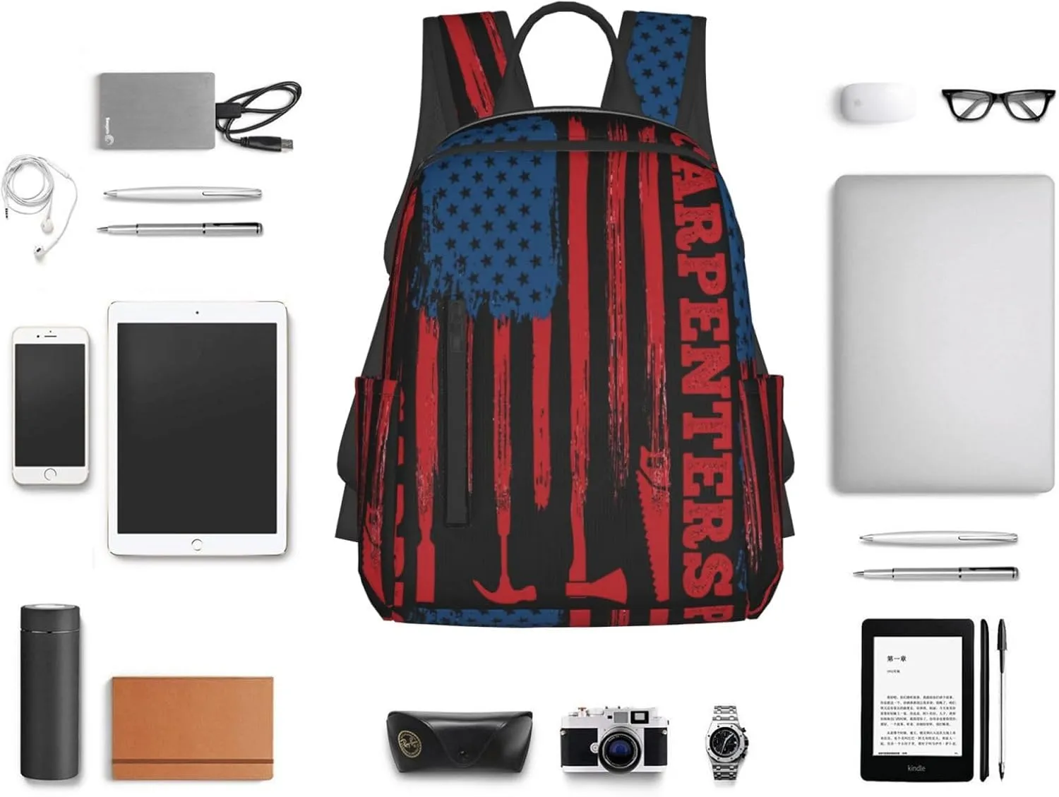 American Carpenter Flag Casual Backpacks Laptop Backpack Outdoor Travel Rucksack Sport Carry-On Daypack Lightweight Bag with Multi-Pockets