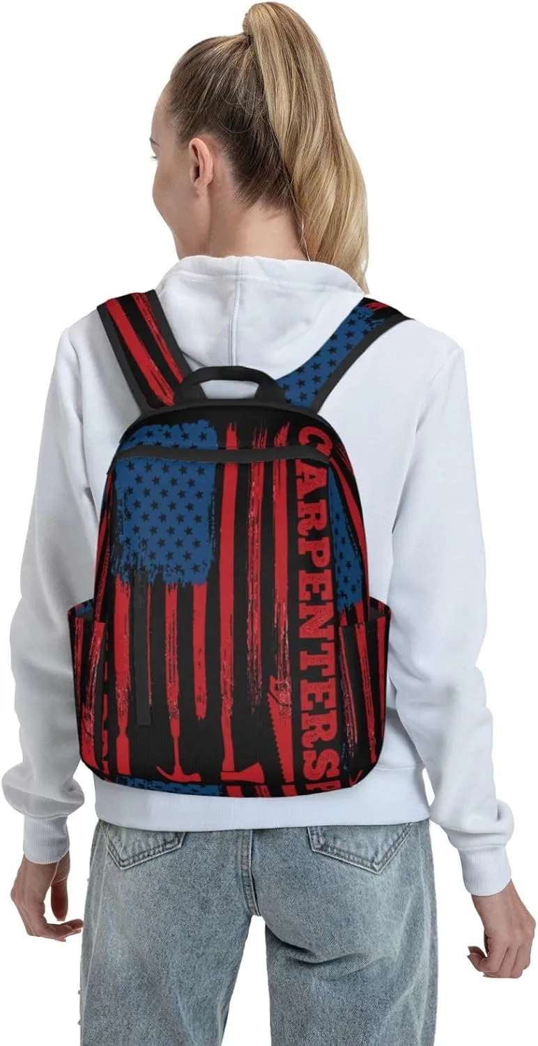 American Carpenter Flag Casual Backpacks Laptop Backpack Outdoor Travel Rucksack Sport Carry-On Daypack Lightweight Bag with Multi-Pockets
