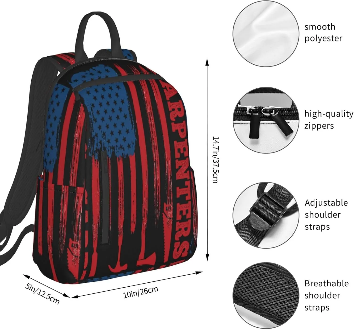 American Carpenter Flag Casual Backpacks Laptop Backpack Outdoor Travel Rucksack Sport Carry-On Daypack Lightweight Bag with Multi-Pockets