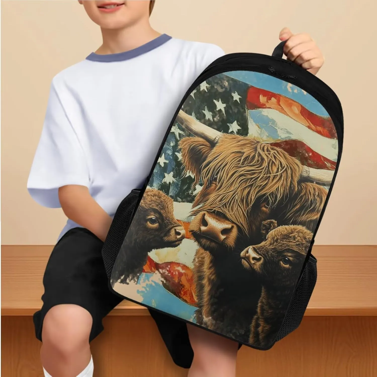 American Cow Cute Corgi Boys Backpack 7Th with Lunch Box Elementary School Backpack for Boys Boys with Lunch Bag Water Bottle Sleeves Pencil Case Independence Day