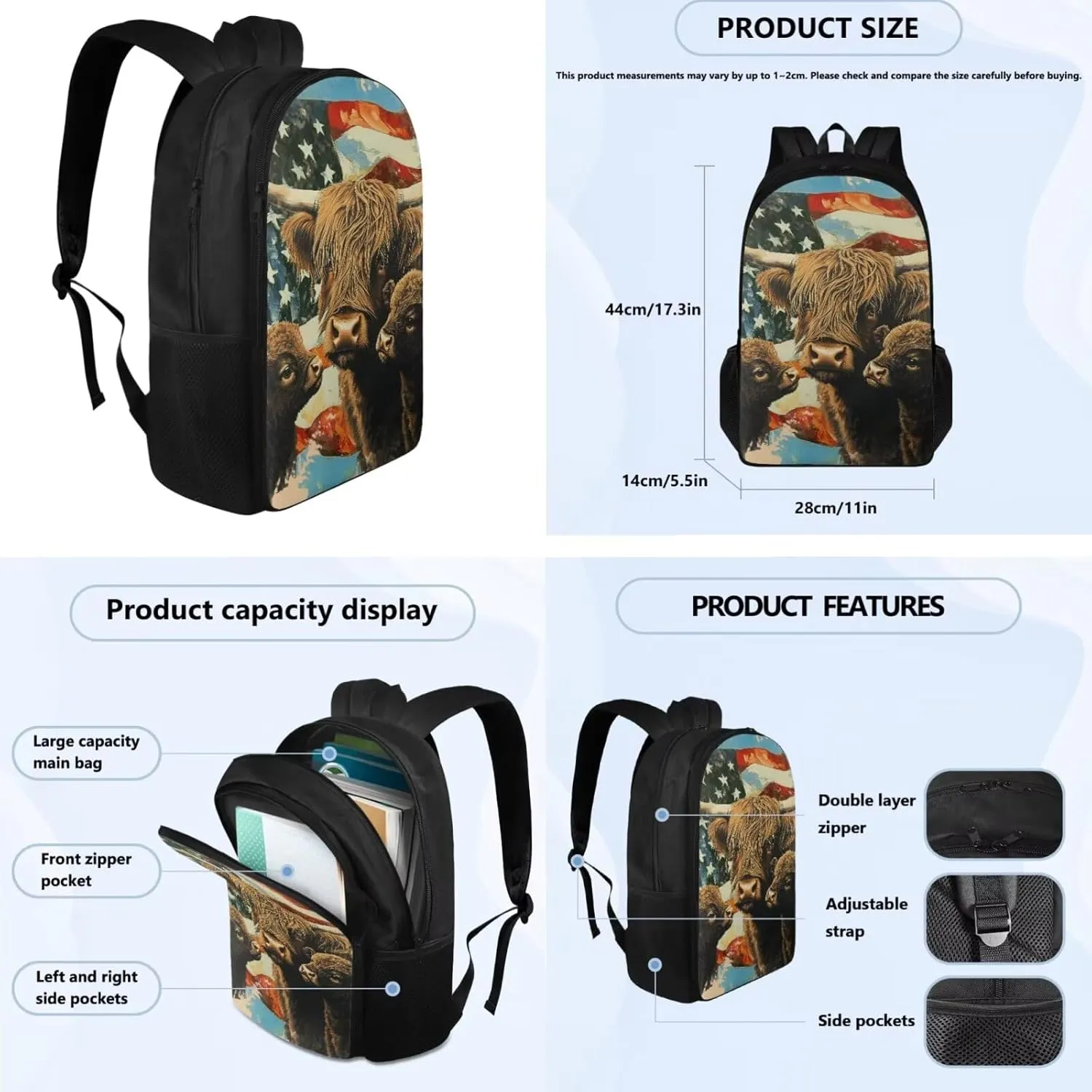 American Cow Cute Corgi Boys Backpack 7Th with Lunch Box Elementary School Backpack for Boys Boys with Lunch Bag Water Bottle Sleeves Pencil Case Independence Day