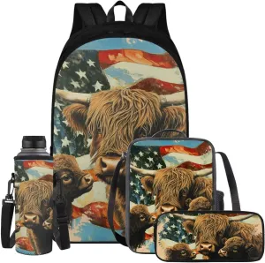 American Cow Cute Corgi Boys Backpack 7Th with Lunch Box Elementary School Backpack for Boys Boys with Lunch Bag Water Bottle Sleeves Pencil Case Independence Day