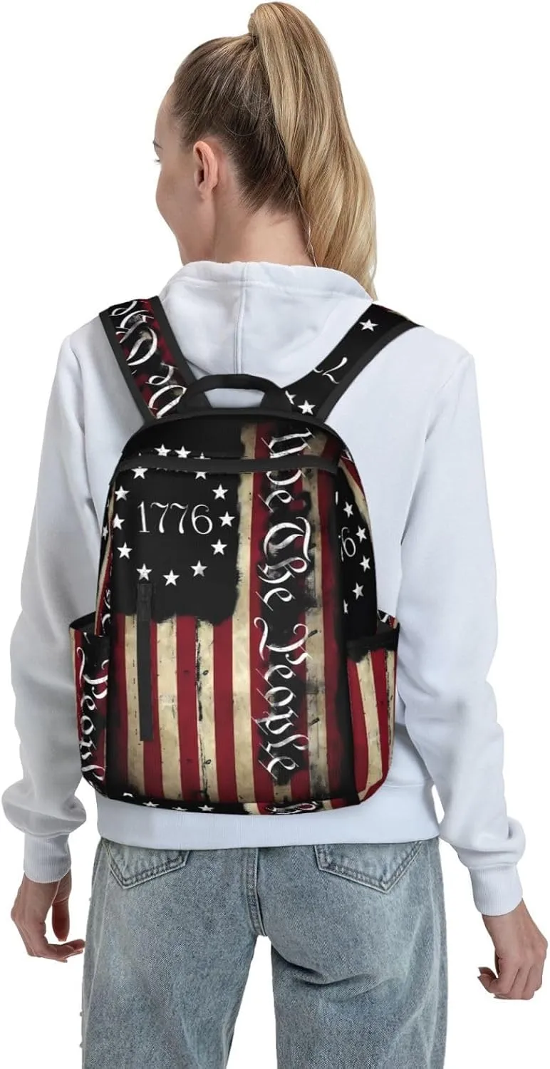 American Independence Day American Flag 1776 We The People Casual Backpacks Laptop Backpack Outdoor Travel Rucksack Sport Carry-On Daypack Lightweight Bag with Multi-Pockets