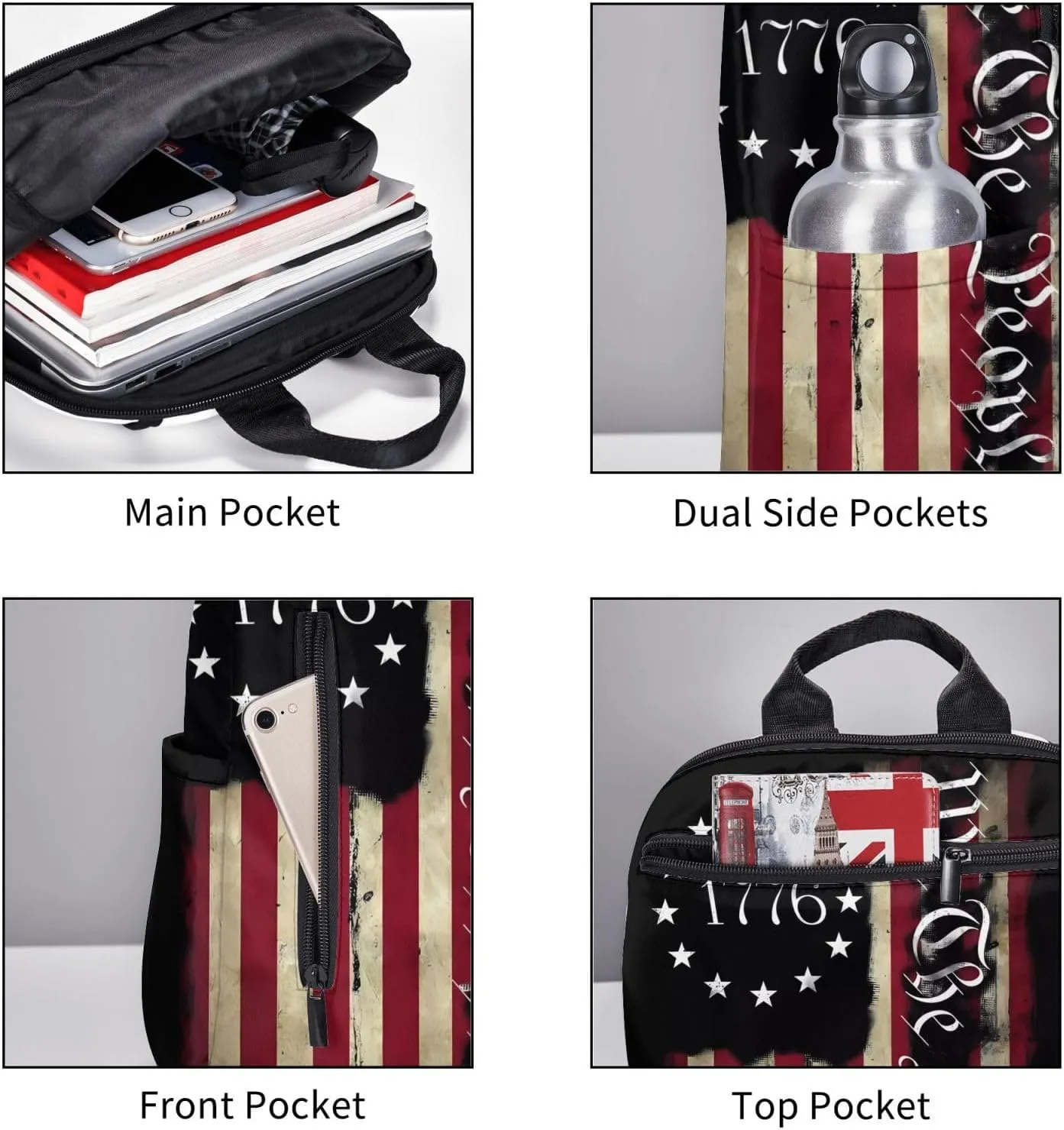 American Independence Day American Flag 1776 We The People Casual Backpacks Laptop Backpack Outdoor Travel Rucksack Sport Carry-On Daypack Lightweight Bag with Multi-Pockets