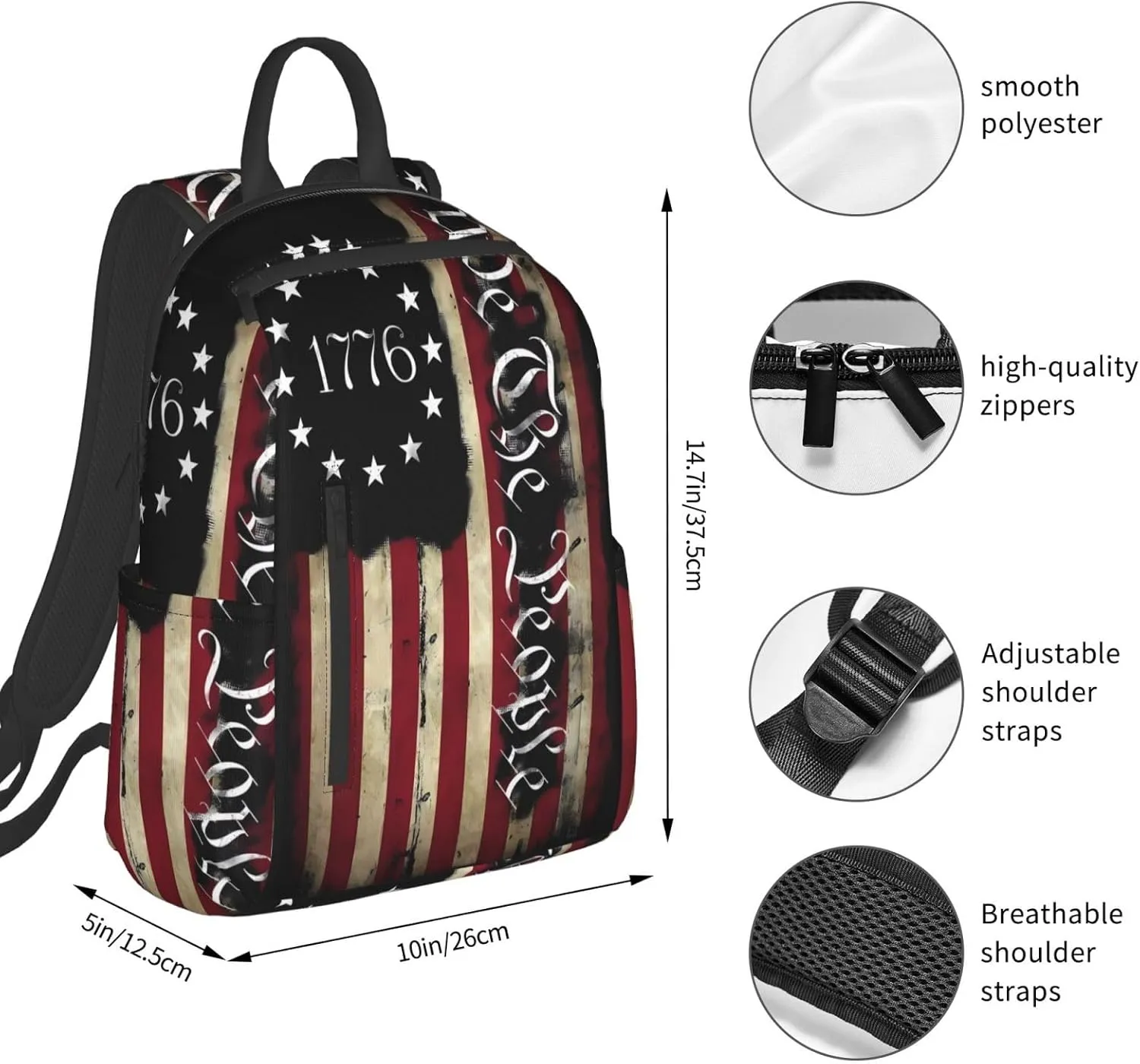 American Independence Day American Flag 1776 We The People Casual Backpacks Laptop Backpack Outdoor Travel Rucksack Sport Carry-On Daypack Lightweight Bag with Multi-Pockets