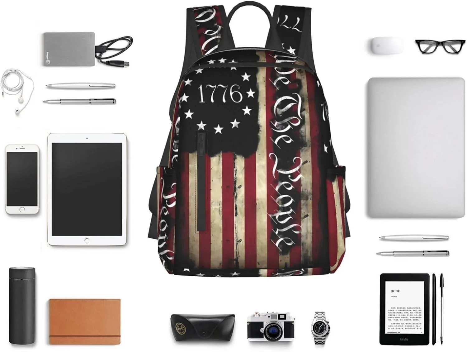 American Independence Day American Flag 1776 We The People Casual Backpacks Laptop Backpack Outdoor Travel Rucksack Sport Carry-On Daypack Lightweight Bag with Multi-Pockets