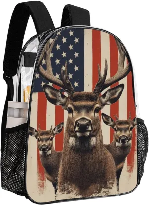 American Us Flag Hunting Camo Deer Shoulder Book Bags Transparent Multipurpose Anti-Theft Carry On Bag Large Capacity Travel Hiking & Camping Rucksack