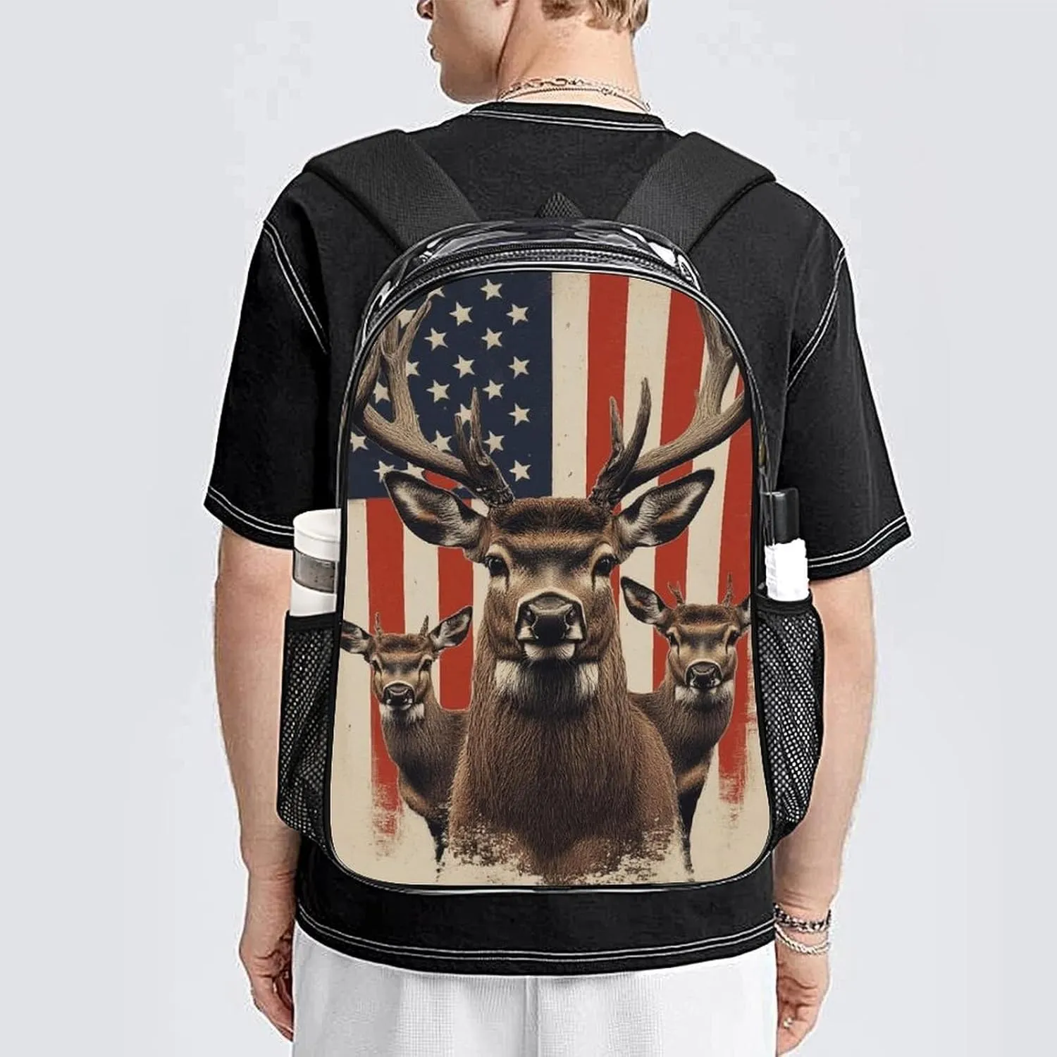 American Us Flag Hunting Camo Deer Shoulder Book Bags Transparent Multipurpose Anti-Theft Carry On Bag Large Capacity Travel Hiking & Camping Rucksack
