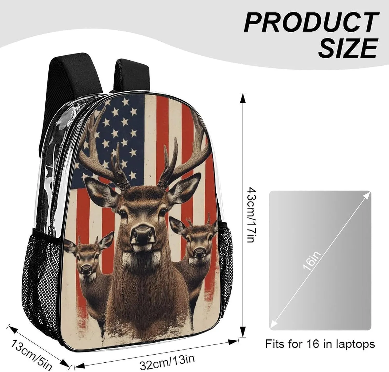 American Us Flag Hunting Camo Deer Shoulder Book Bags Transparent Multipurpose Anti-Theft Carry On Bag Large Capacity Travel Hiking & Camping Rucksack