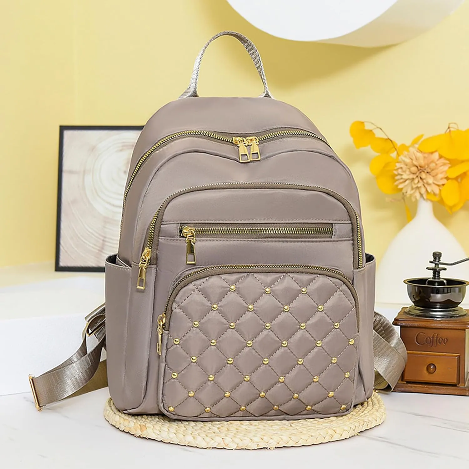 Anti-Theft Oxford College Backpack Lightweight Travel Daypack for Women Work Commute Outdoor Hiking Essentials (Khaki)