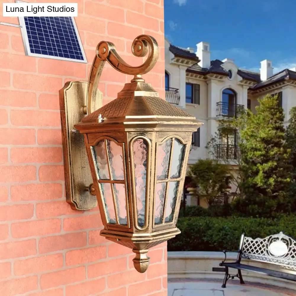 Antique Bronze Tapered Outdoor Wall Lantern with Rippled Glass - Solar LED Patio Wall Light Fixture