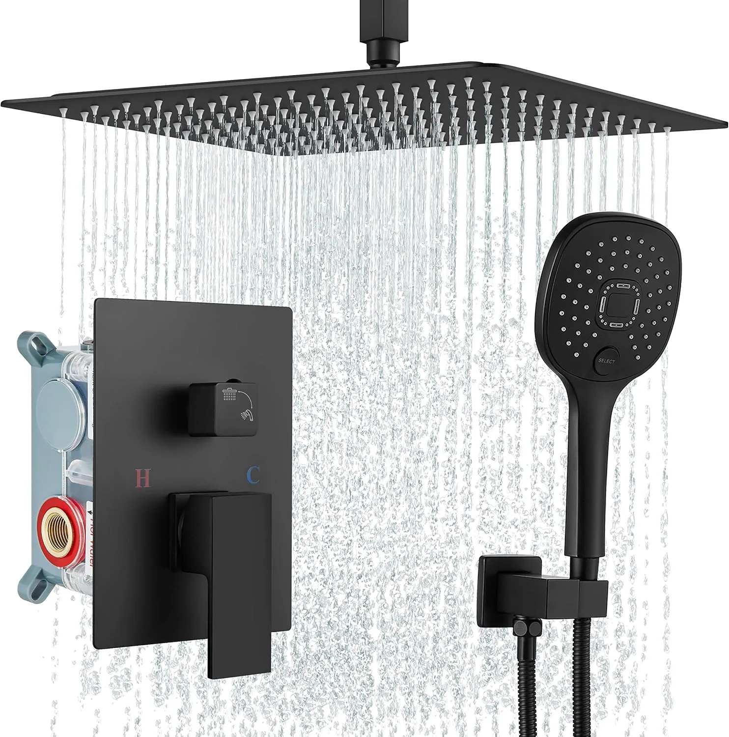 Aolemi 16 Inch Ceiling Mount Shower System Matte Black Rain Shower Head with 3 Functions ABS Handheld Spray Bathroom Luxury High Pressure Shower Combo Set Rough-in Valve and Shower Trim Included